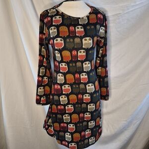 Owl Print Long Sleeve Shift Dress - Multicolor
